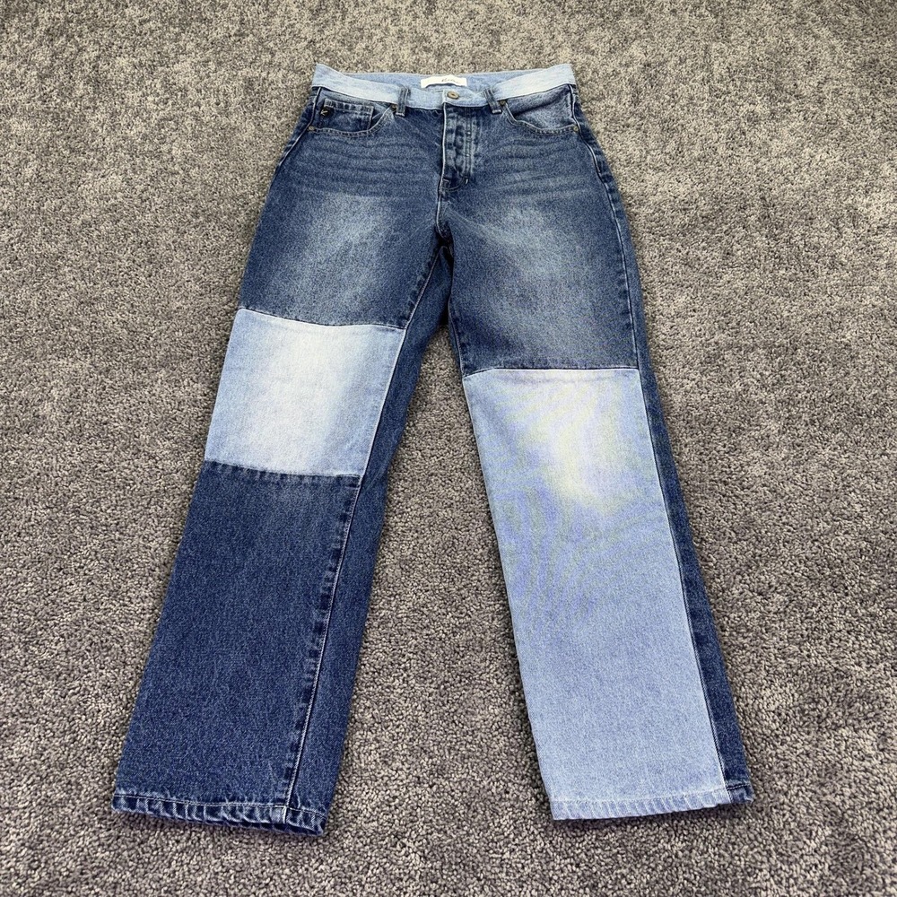 KanCan Jeans Womens 7/27 Blue High Rise Straight Patchwork Denim Medium Wash